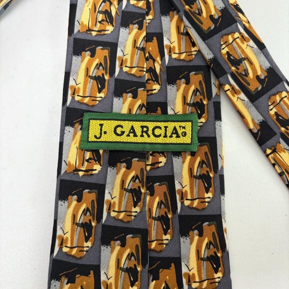 J Garcia Tie Jerry Garcia Yellow Gray Abstract Print 100% Silk Necktie - Picture 3 of 7